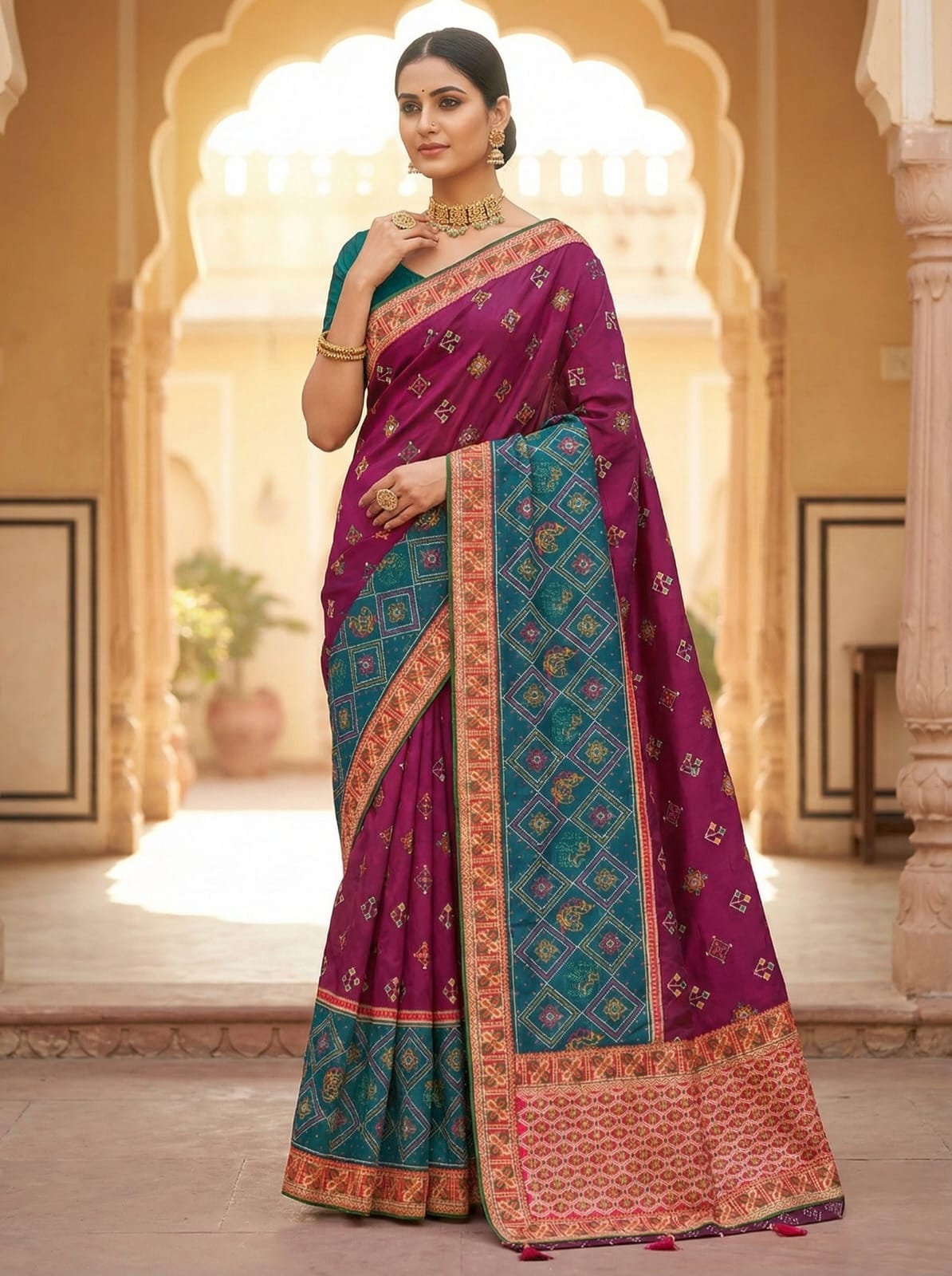 Elegant Weaves Traditional Purple and Teal Silk Saree with Intricate Border
