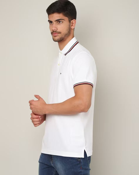 TOMMY HILFIGER White Classic Fit Striped Collar Polo Shirt