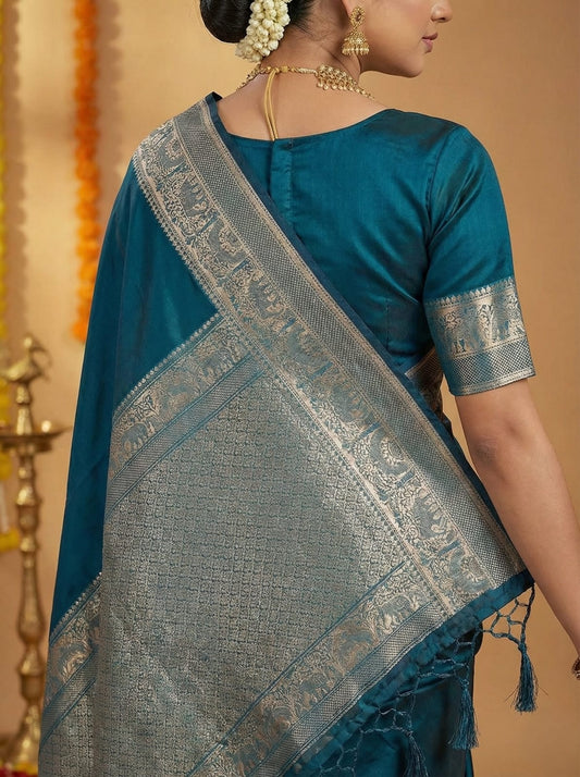 Elegant Weaves Teal Silk Saree with Silver Zari Border