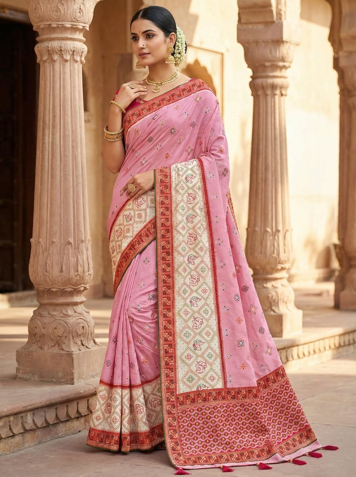Elegant Weaves Pink Embroidered Silk Saree with Intricate Border