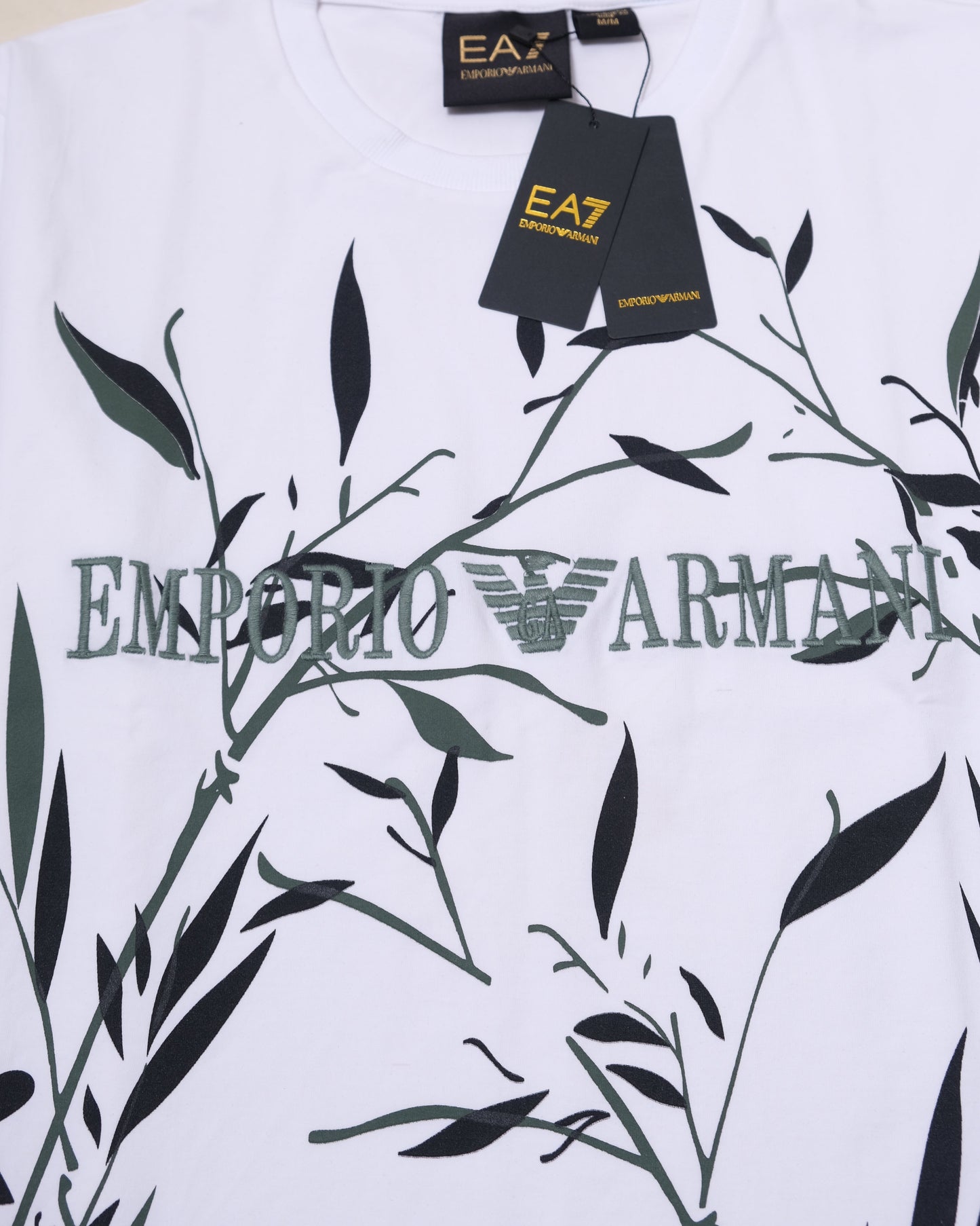 EA7 Emporio Armani White Olive Leaf Print Logo Graphic T-shirt