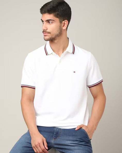 TOMMY HILFIGER White Classic Fit Striped Collar Polo Shirt