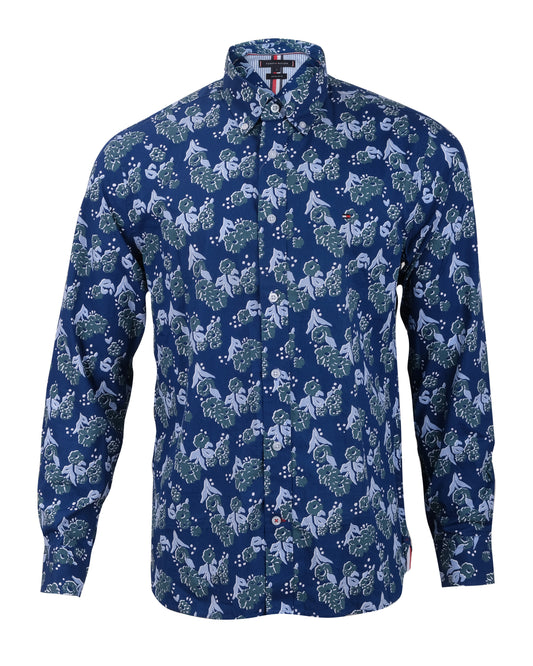 TOMMY HILFIGER Navy Blue Botanical Print Long Sleeve Cotton Shirt