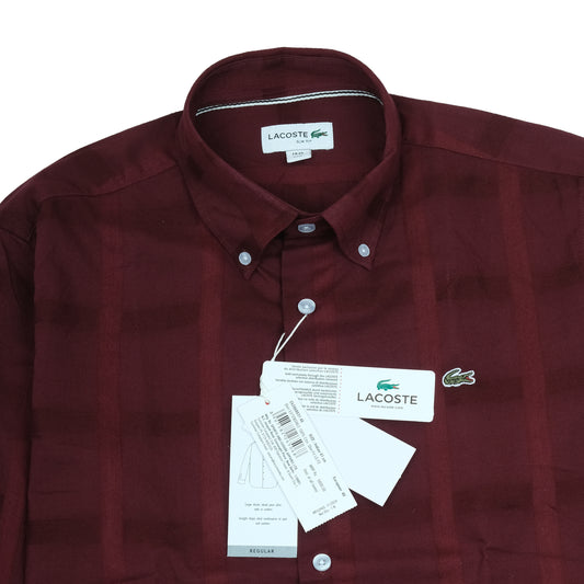 LACOSTE Burgundy Check Pattern Long Sleeve Button-Up Shirt