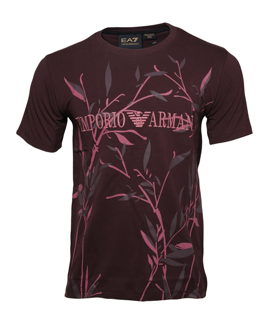 EMPORIO ARMANI EA7 Burgundy Pink Leaf Print Graphic T-shirt