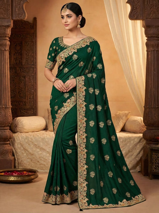 Elegant Ethnic Green Embroidered Silk Saree with Golden Border