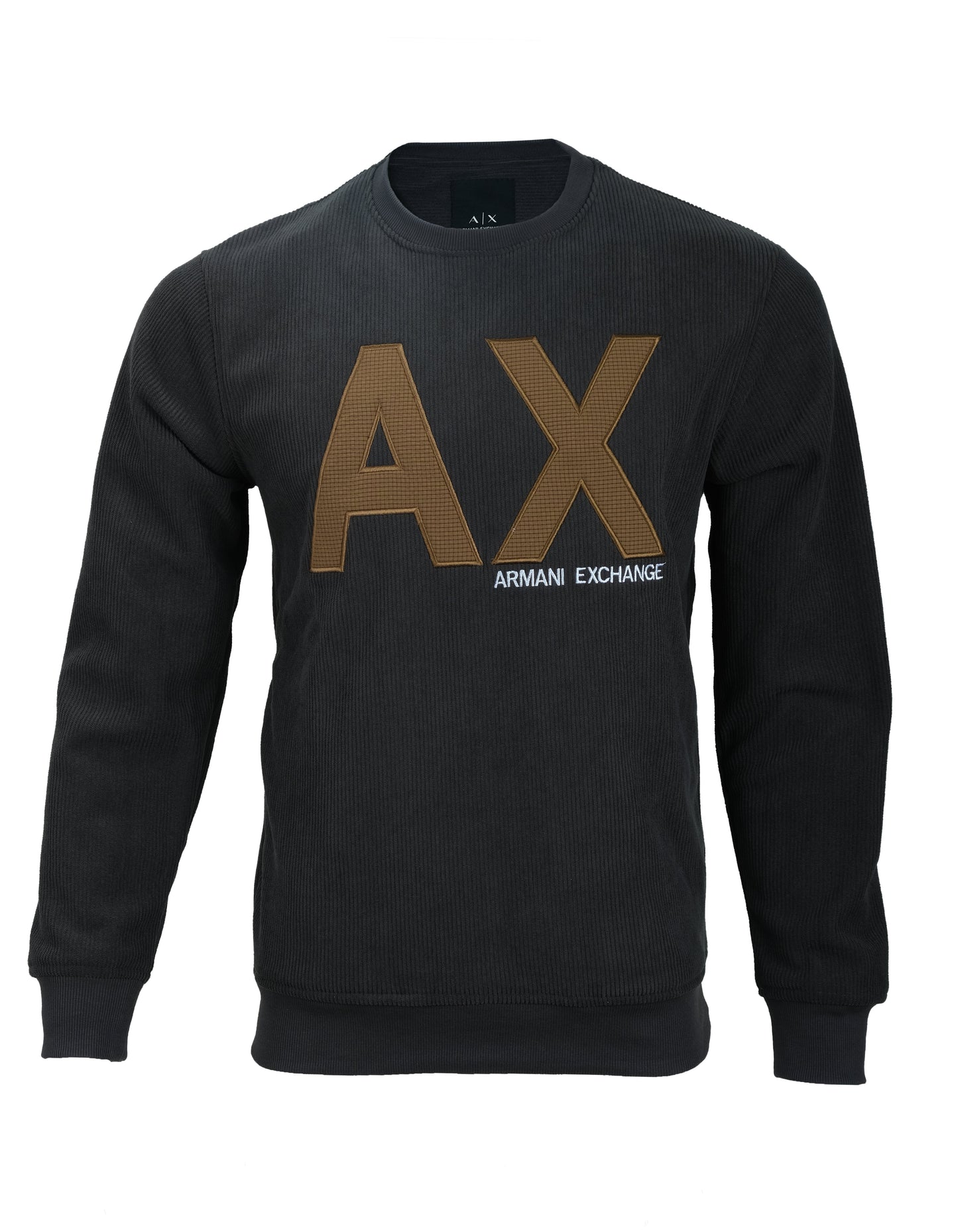 ARMANI EXCHANGE Black Gold AX Logo Ribbed Crewneck Sweatshirt
