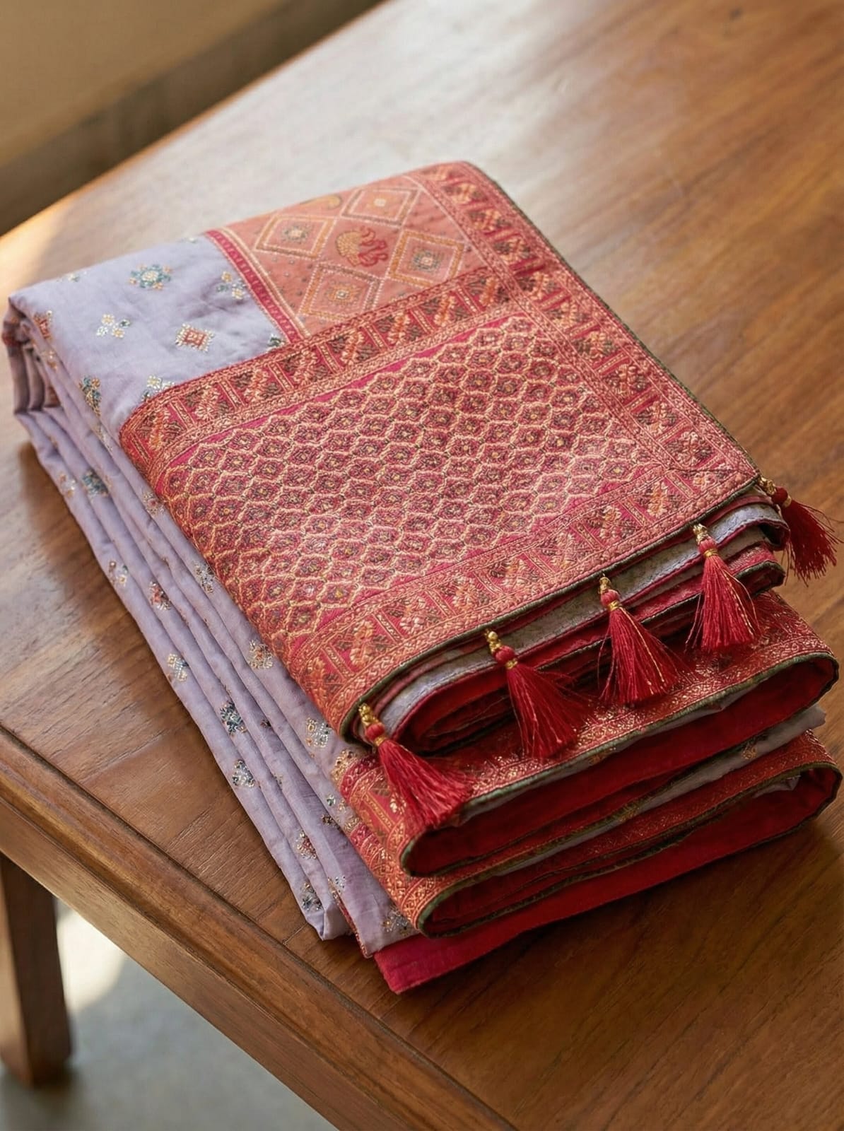 ETHNIC ELEGANCE Celestial Lavender Luxe Floral-Embroidered Saree with Regal Trim