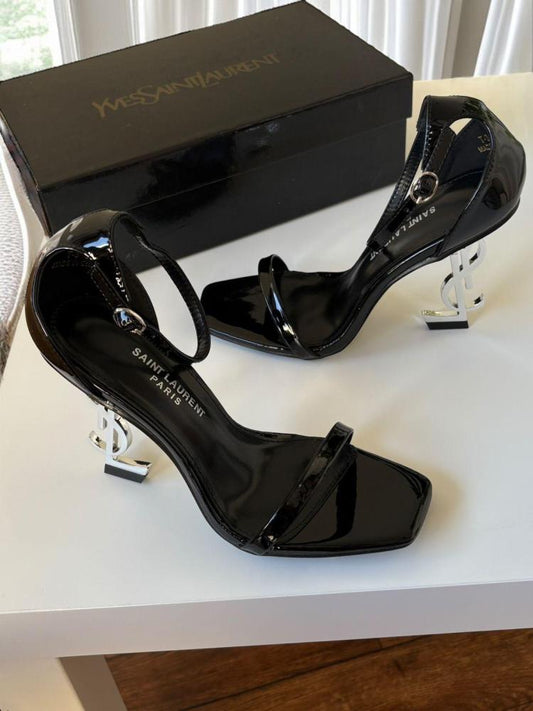YSL Celestial Onyx Luxe Strappy Heels with Signature Accent