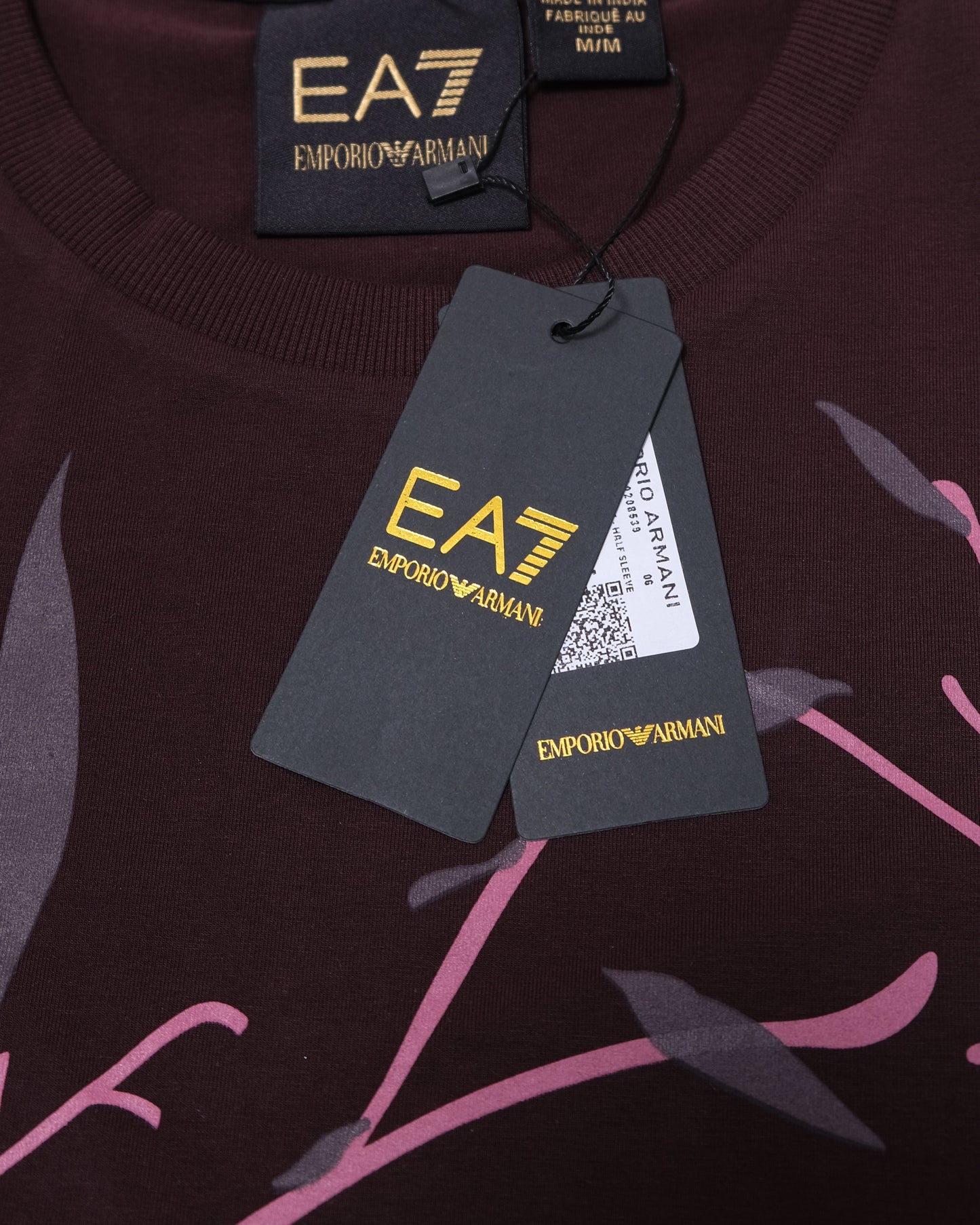 EMPORIO ARMANI EA7 Burgundy Pink Leaf Print Graphic T-shirt