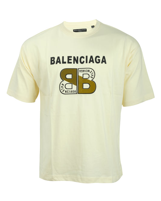 BALENCIAGA Ivory Oversized Double BB Logo Crewneck T-shirt