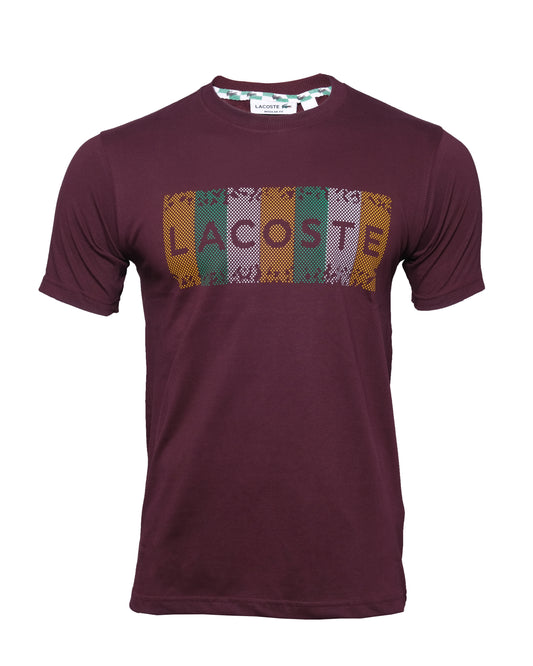 LACOSTE Burgundy Multi-Stripe Graphic Logo Crew Neck T-shirt