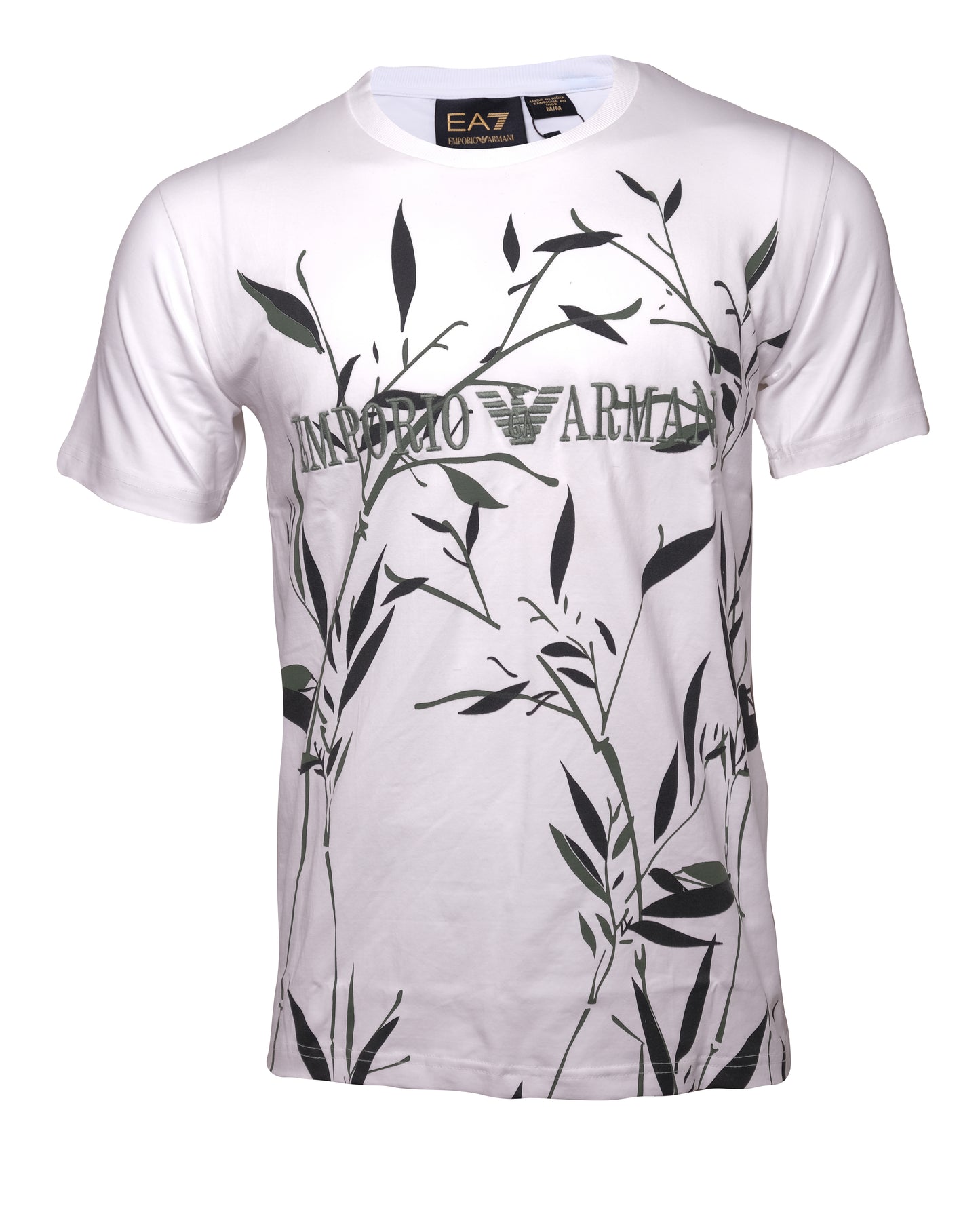 EA7 Emporio Armani White Olive Leaf Print Logo Graphic T-shirt