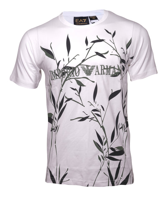 EA7 Emporio Armani White Olive Leaf Print Logo Graphic T-shirt