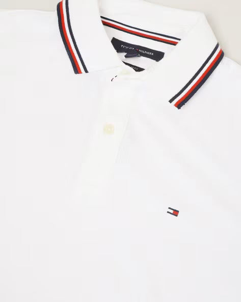 TOMMY HILFIGER White Classic Fit Striped Collar Polo Shirt