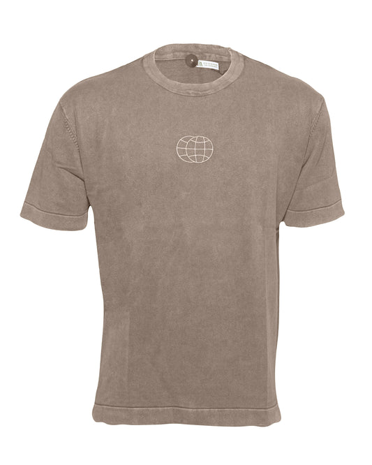 ZARA Taupe Earth Washed Globe Embroidered Short Sleeve T-shirt