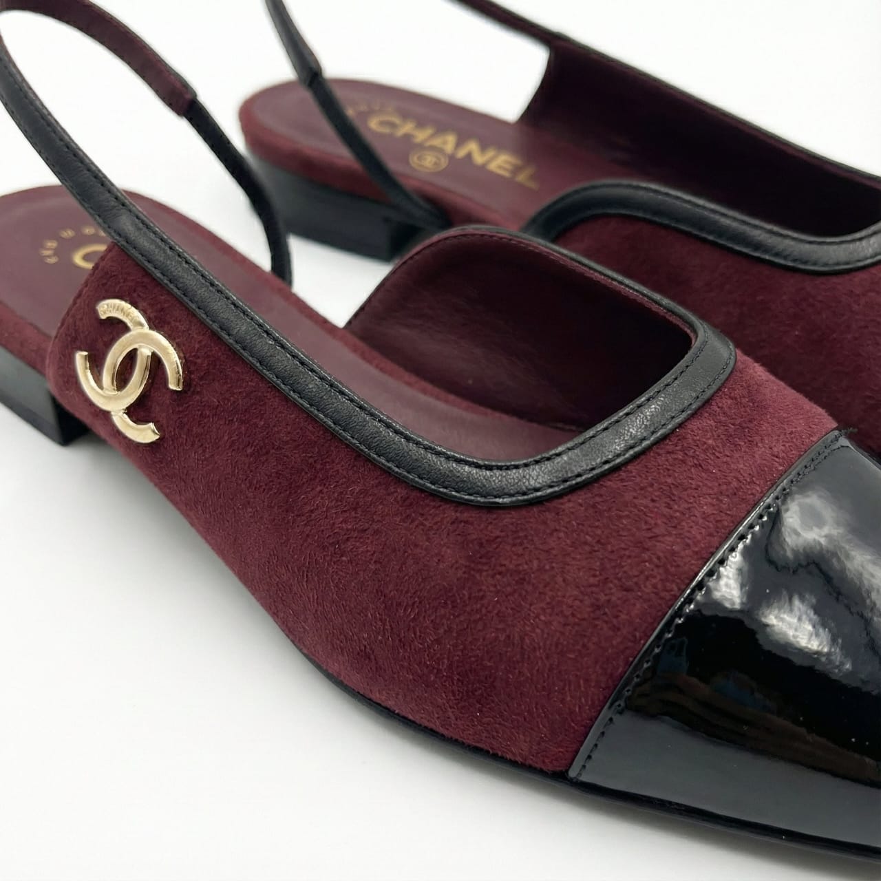 CHANEL Classic Slingback Flats in Burgundy Suede and Patent Leather