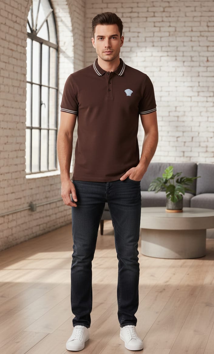 VERSACE Embered Chestnut Tailored Fit Short Sleeve Piqué Polo Shirt