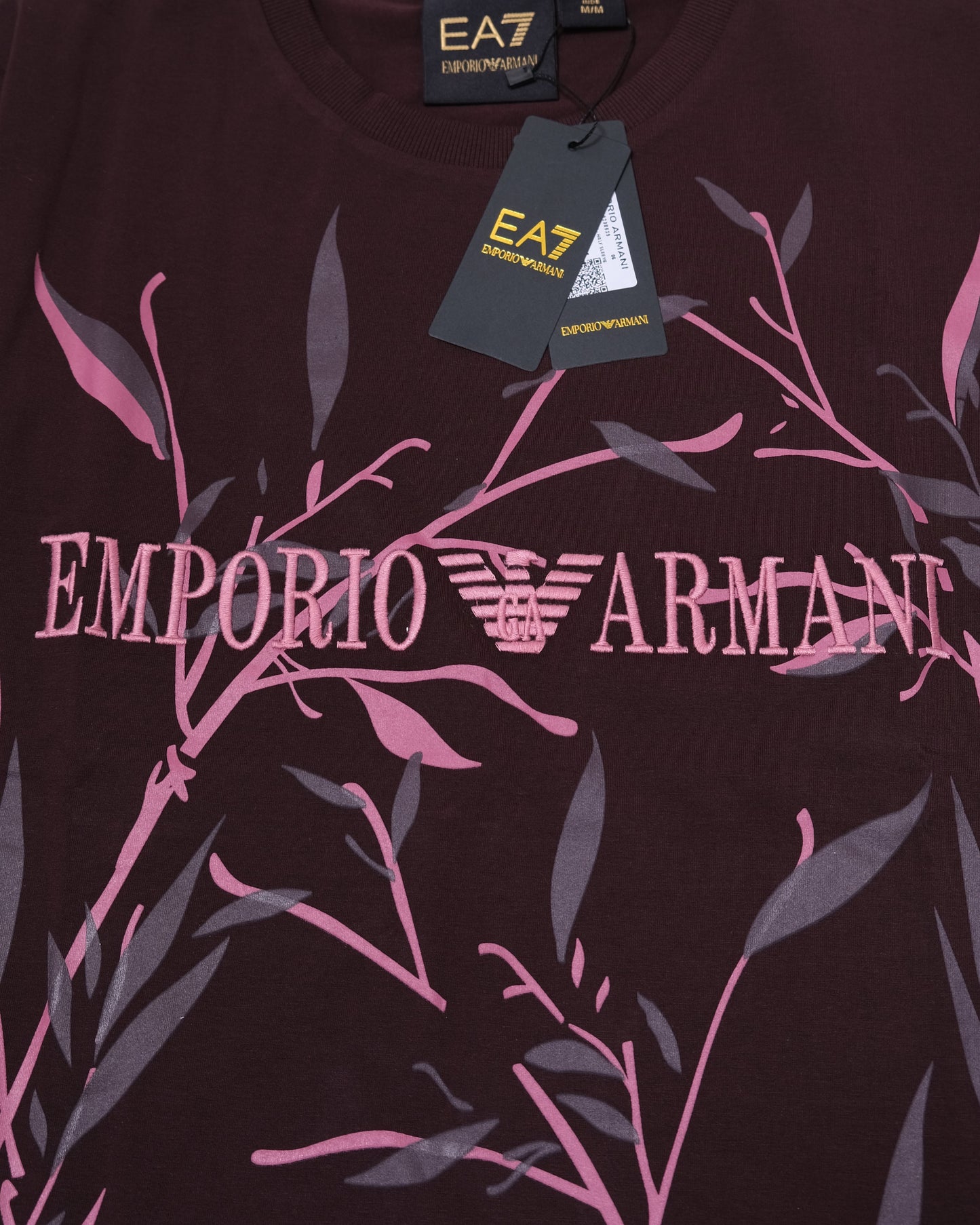 EMPORIO ARMANI EA7 Burgundy Pink Leaf Print Graphic T-shirt