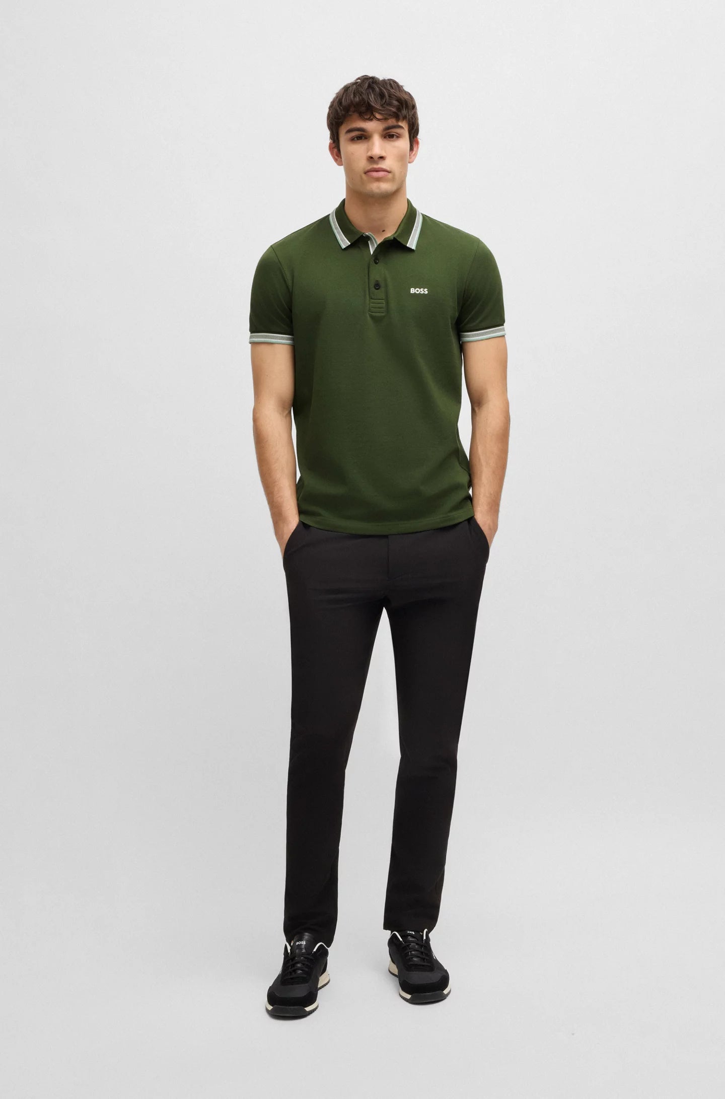 BOSS Military Green Contrast Trim Polo Shirt