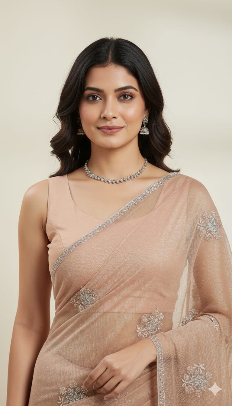 Elegant Attire Embroidered Peach Saree with Shimmer