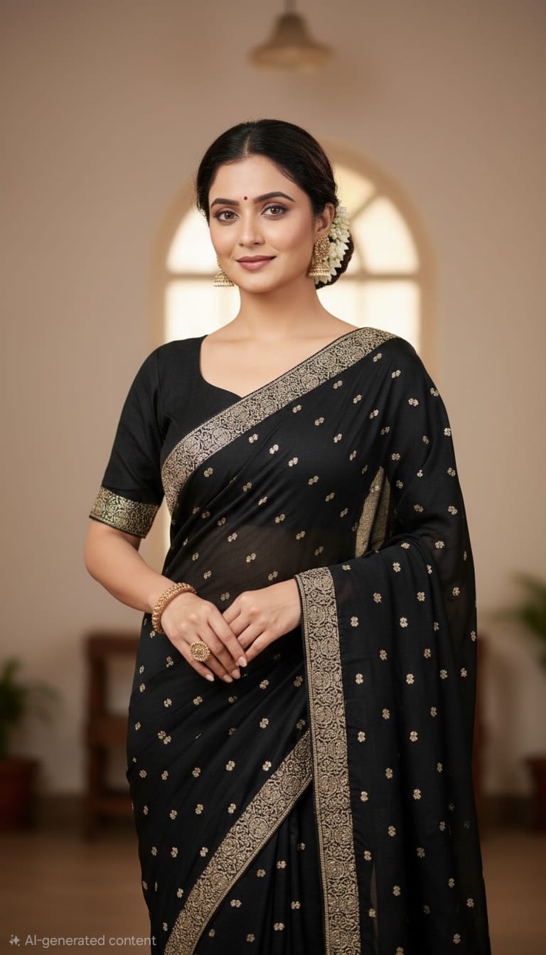 Elegant Attire Black Embroidered Saree with Gold Detailing