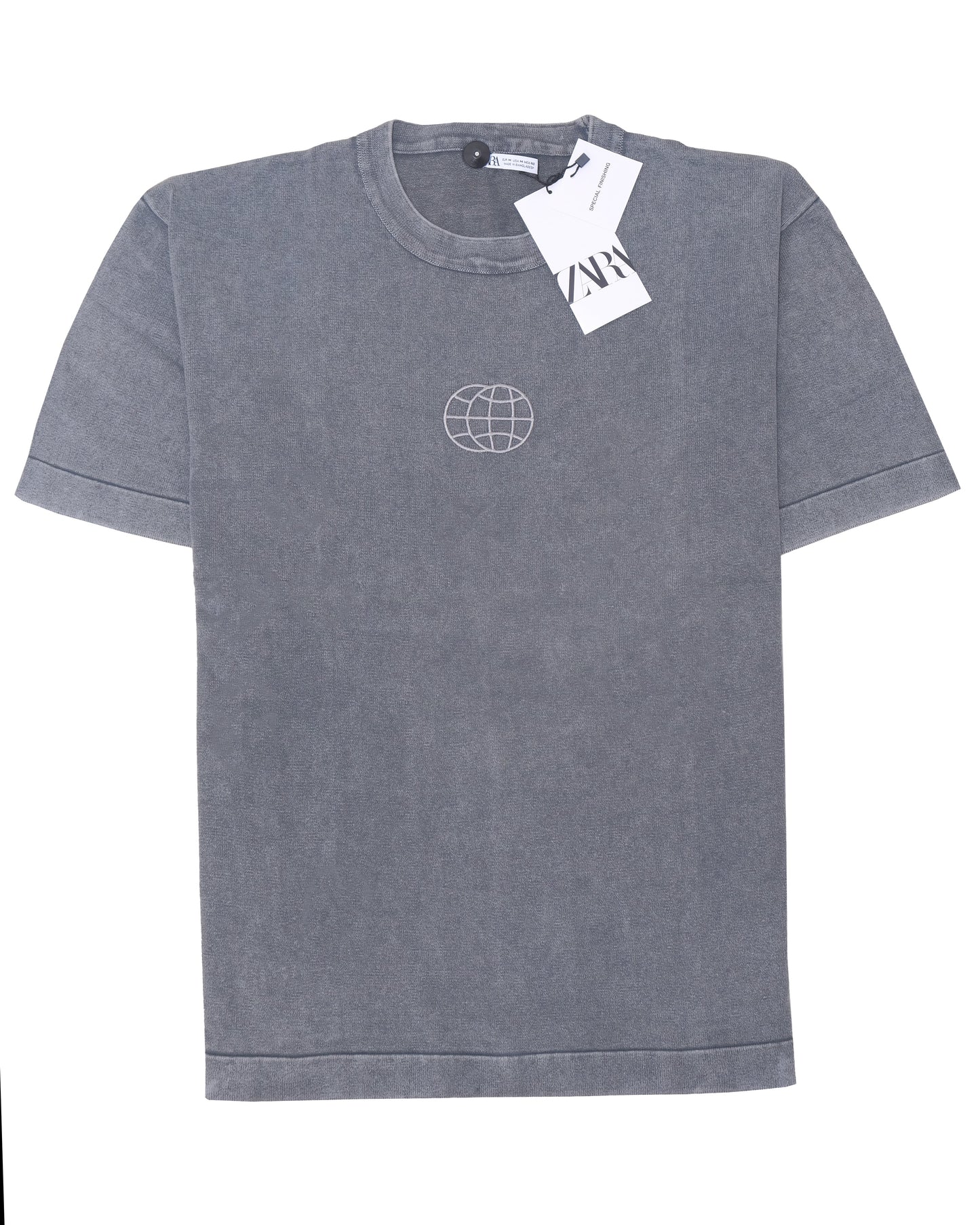 ZARA Slate Grey Globe Embroidered Vintage Wash T-shirt