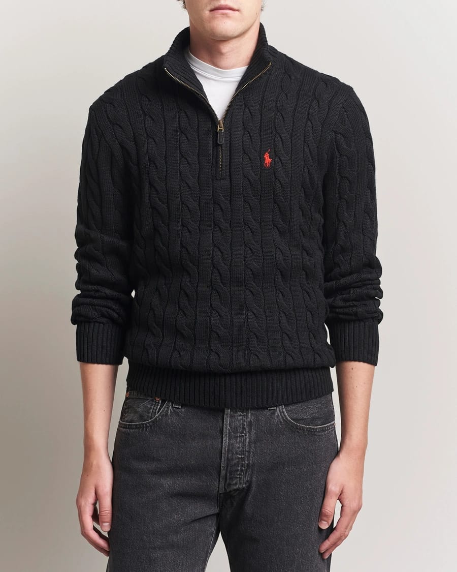 POLO RALPH LAUREN Enigmatic Charcoal Slim Fit Cable Knit Quarter-Zip Sweater
