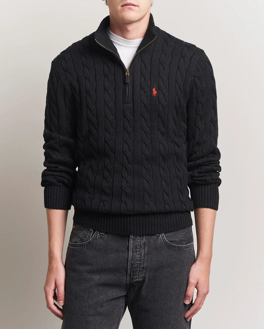 POLO RALPH LAUREN Enigmatic Charcoal Slim Fit Cable Knit Quarter-Zip Sweater