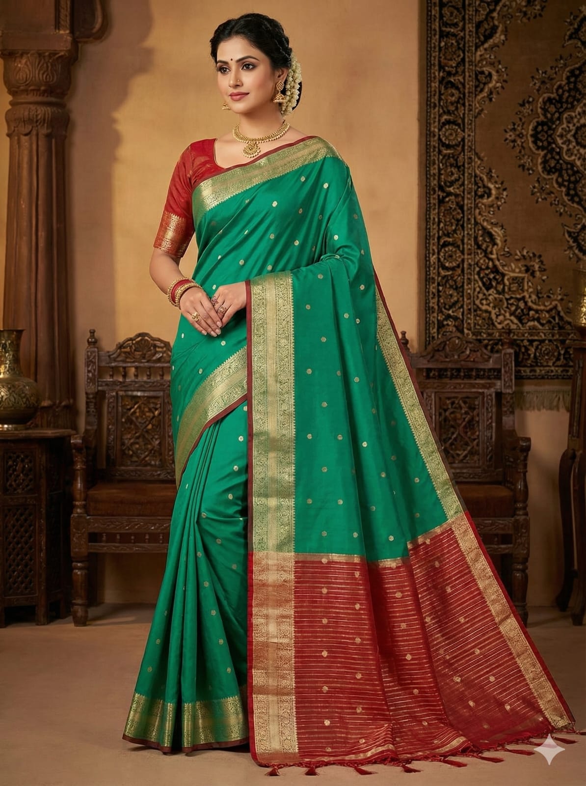 Elegant Weaves Traditional Green and Red Silk Saree with Gold Accents