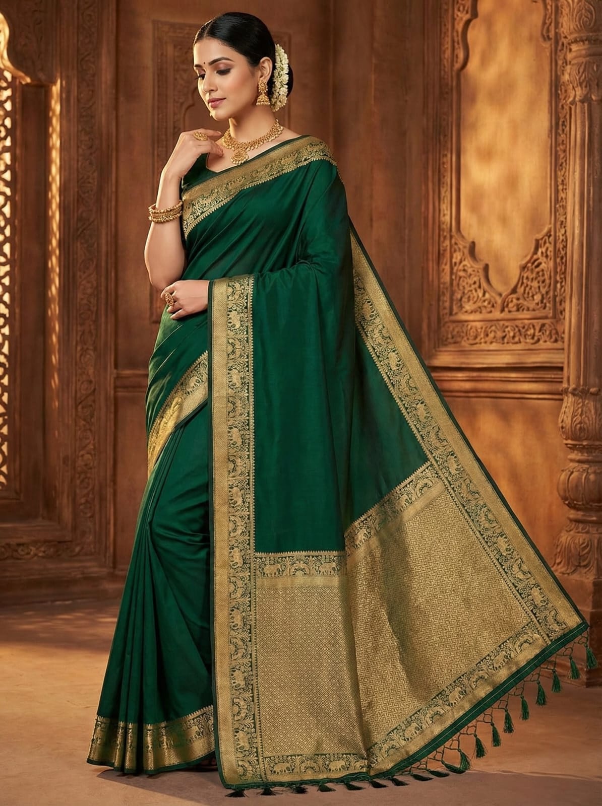 Elegant Weaves Emerald Green Silk Saree with Gold Zari Border