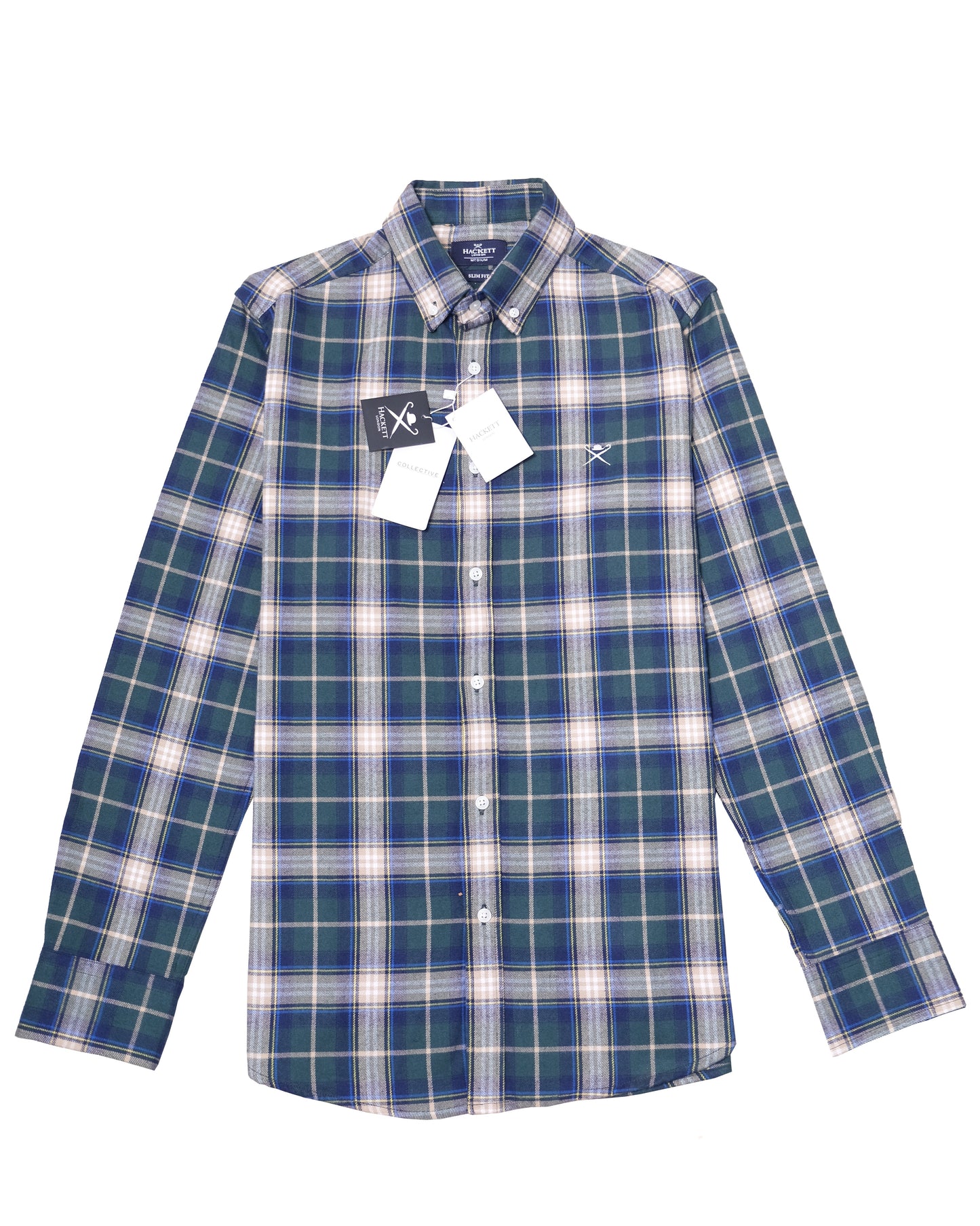 HACKETT LONDON Navy Green Slim Fit Tartan Check Button-Down Shirt