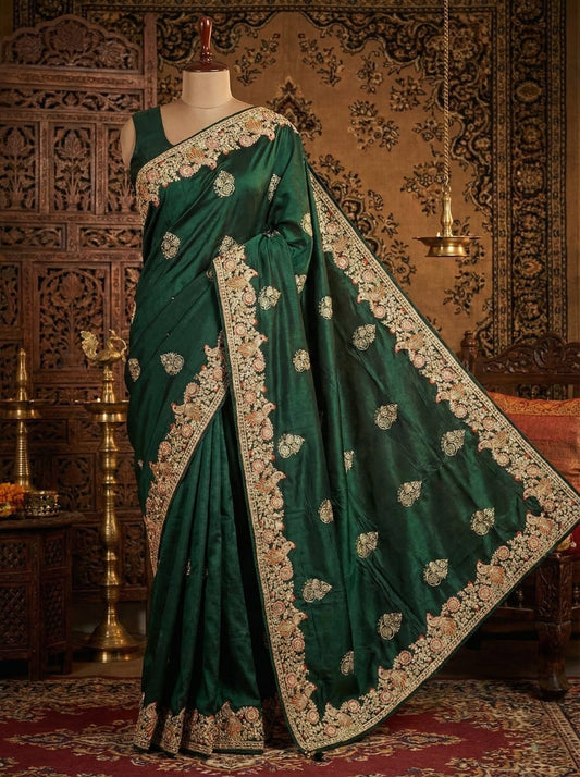 Elegant Ethnic Green Embroidered Silk Saree with Golden Border