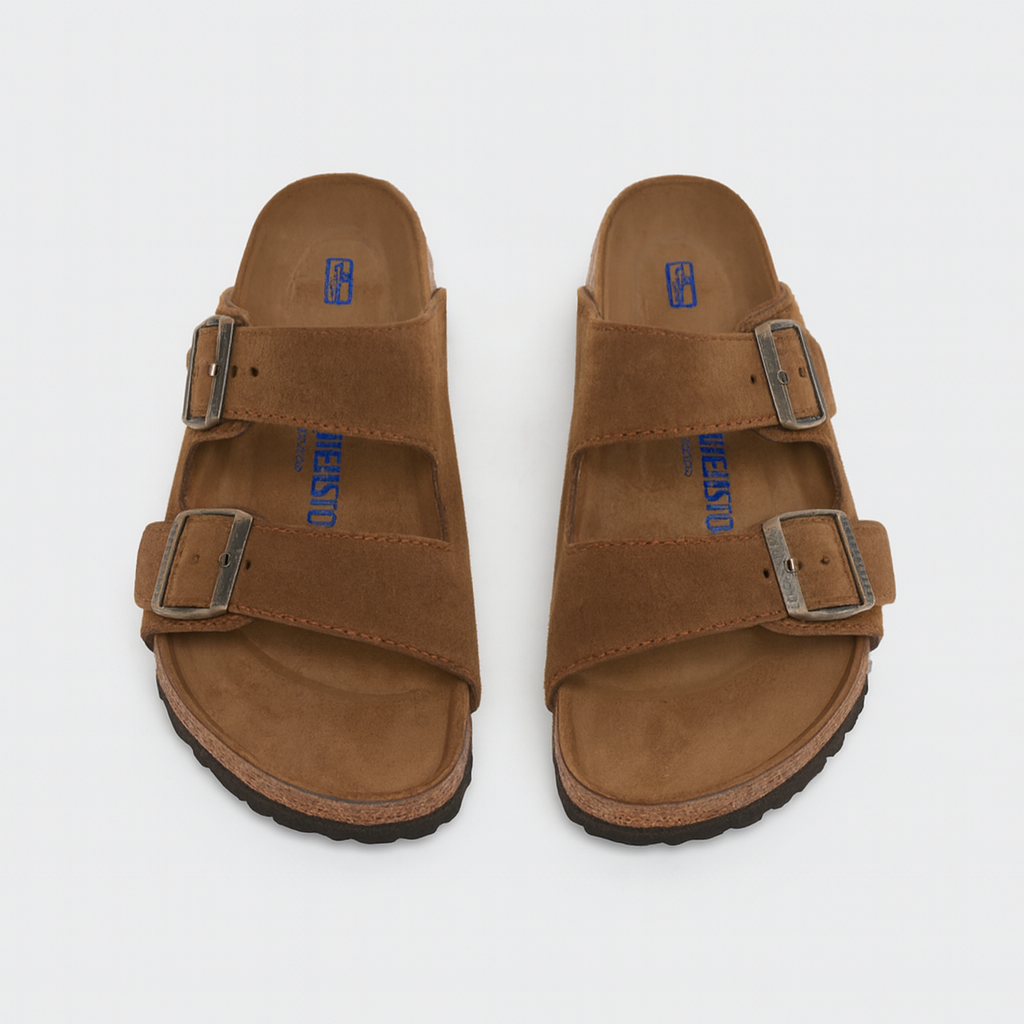 BIRKENSTOCK Pristine Umber Luxe Suede Double Buckle Sandals