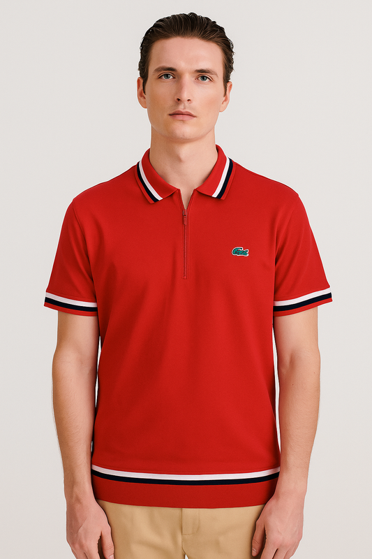 LACOSTE Radiant Ruby Tailored Fit Short Sleeve Zip Polo with Contrast Stripes