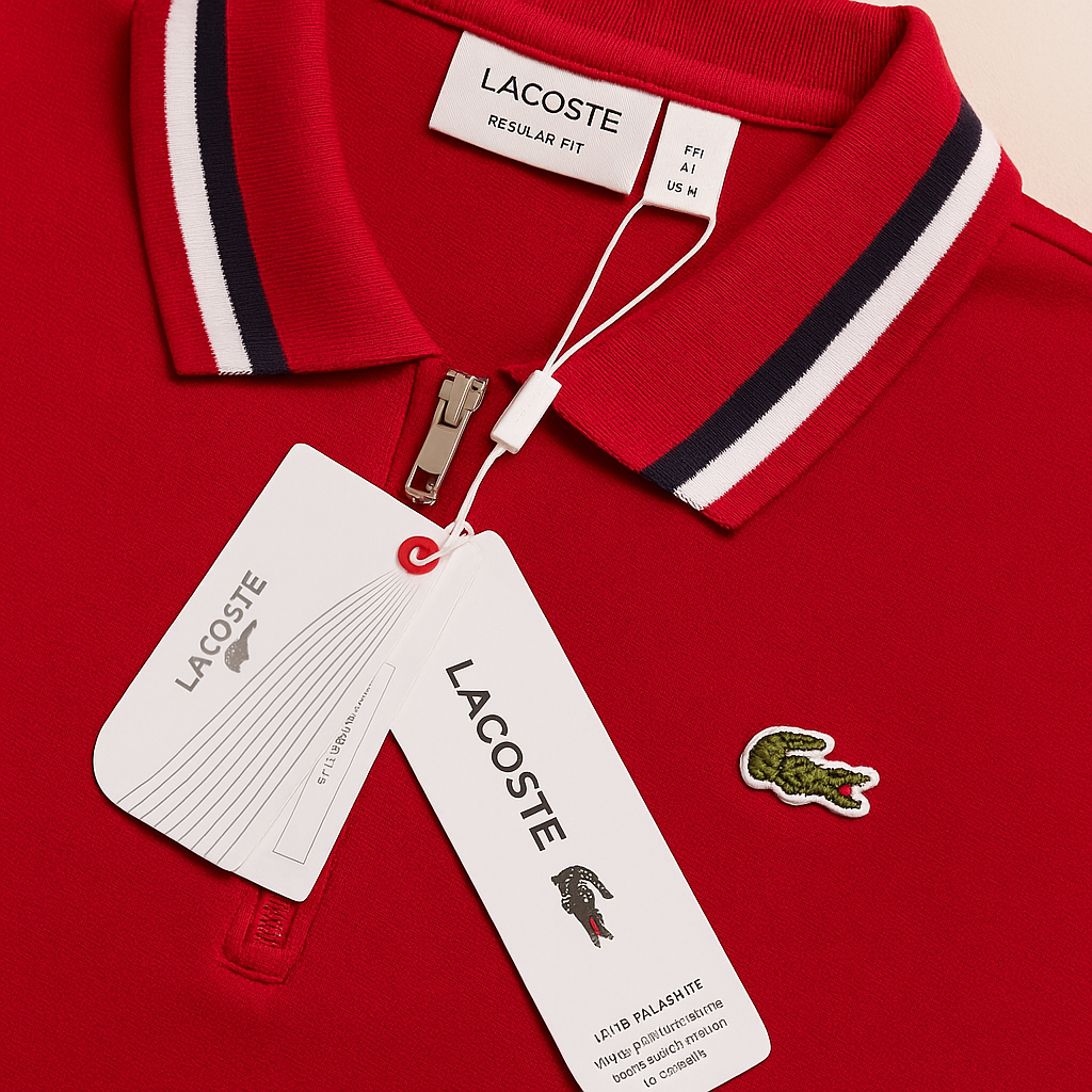 LACOSTE Radiant Ruby Tailored Fit Short Sleeve Zip Polo with Contrast Stripes