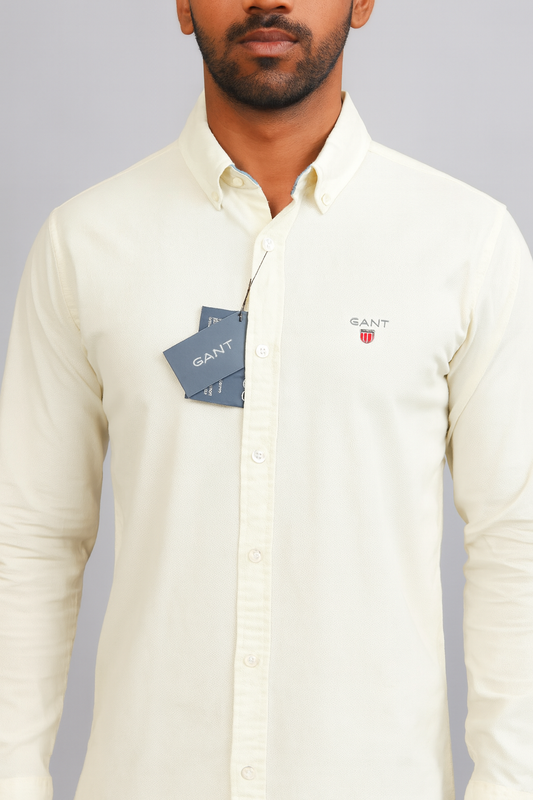 GANT Ethereal Cream Tailored Fit Long Sleeve Linen-Blend Shirt
