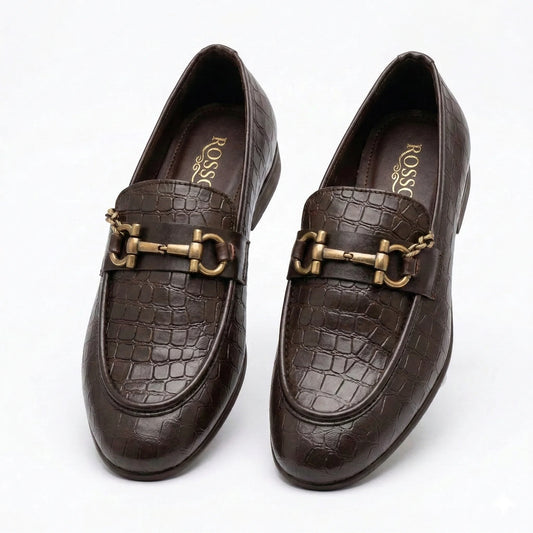 ROSSO BRUNELLO Rich Chestnut Luxe Crocodile-Embossed Leather Loafers with Chain Detail