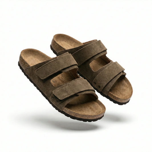 BIRKENSTOCK Rustic Olive Casual Fit Suede Slide Sandals with Adjustable Straps