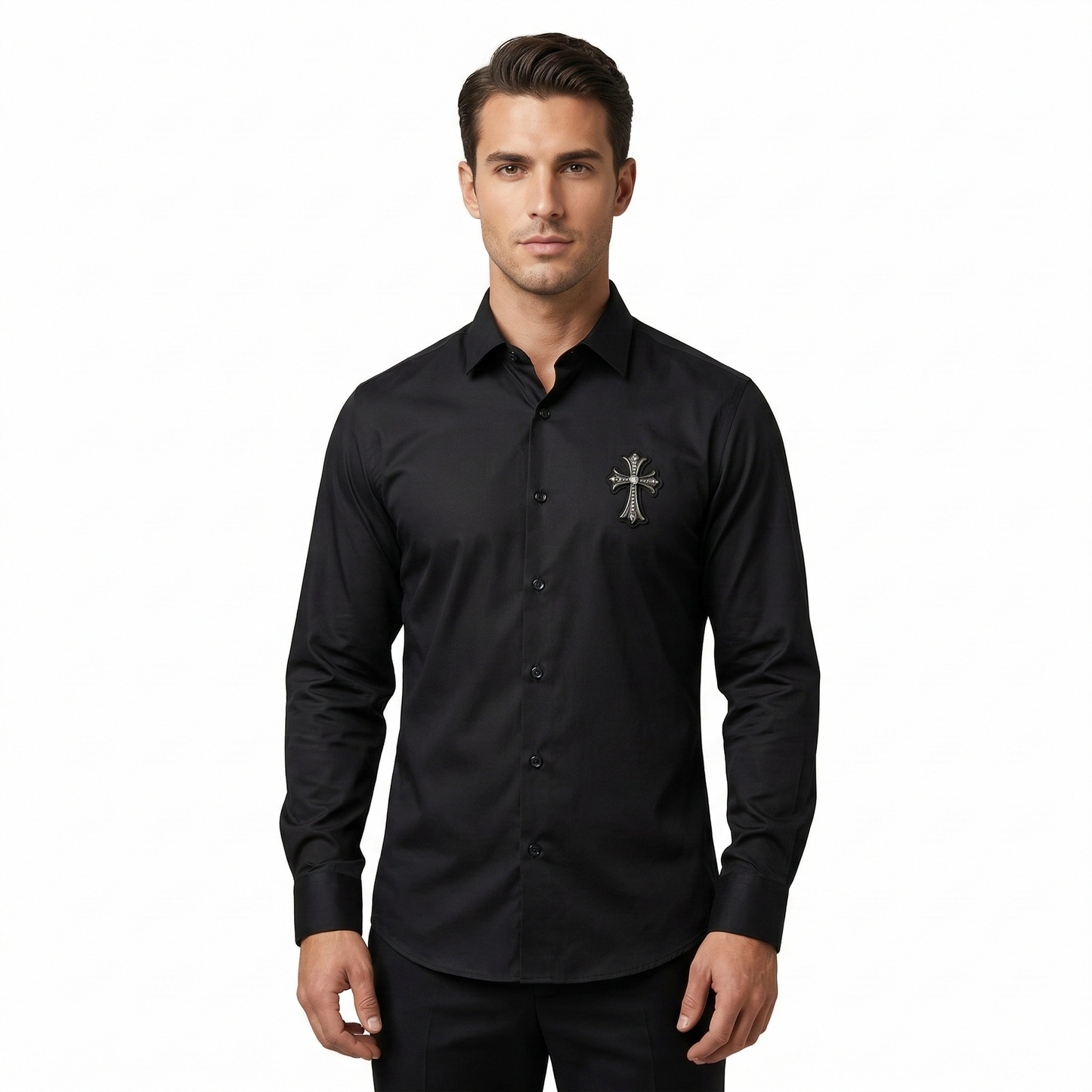 CHROME HEARTS Midnight Velvet Slim Fit Long Sleeve Satin Party Shirt