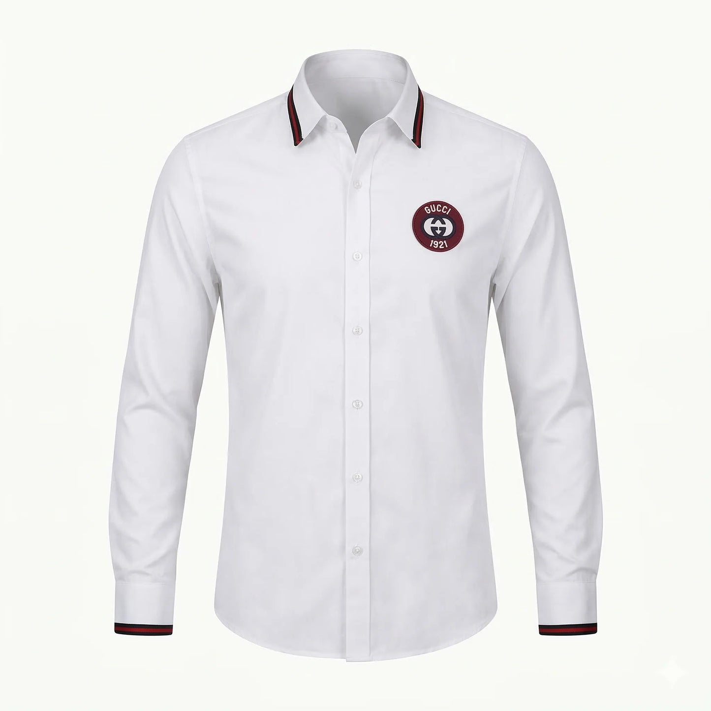 GUCCI Luminous Pearl Tailored Fit Long Sleeve Satin Lycra Party Shirt with Contrast Collar