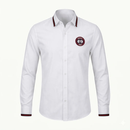 GUCCI Luminous Pearl Tailored Fit Long Sleeve Satin Lycra Party Shirt with Contrast Collar