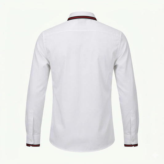 GUCCI Luminous Pearl Tailored Fit Long Sleeve Satin Lycra Party Shirt with Contrast Collar