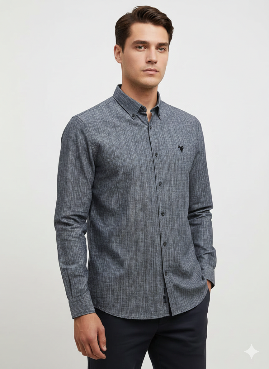 ALLSAINTS Stormy Slate Tailored Fit Long Sleeve Linen Shirt