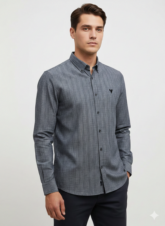 ALLSAINTS Stormy Slate Tailored Fit Long Sleeve Linen Shirt
