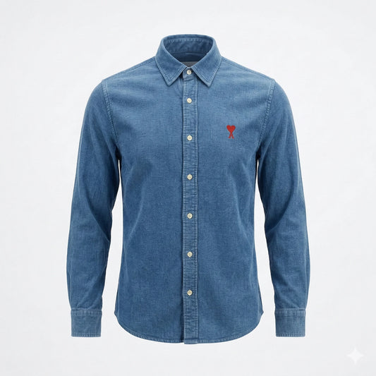 AMI Starlit Teal Tailored Fit Long Sleeve Denim Party Shirt with Iconic Embroidery