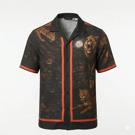 AGENT SPARROW Printed Square Fit Half Sleeve Cotton Shirt in Black