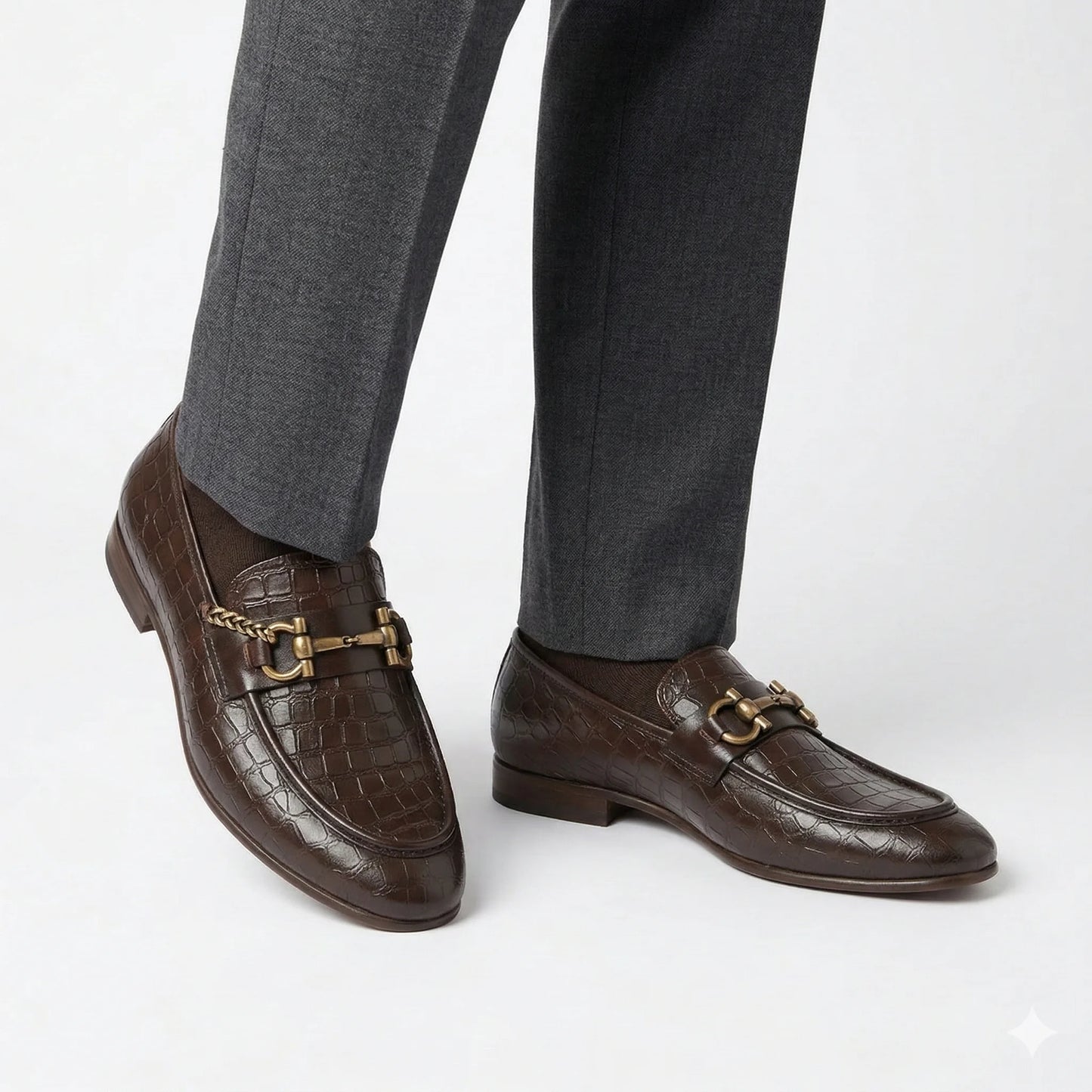 ROSSO BRUNELLO Rich Chestnut Luxe Crocodile-Embossed Leather Loafers with Chain Detail