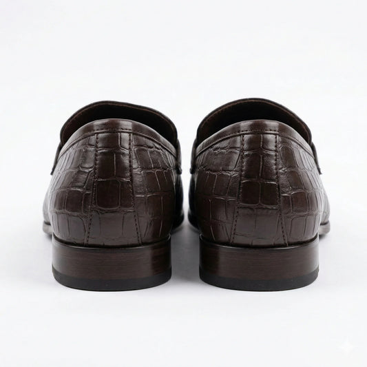 ROSSO BRUNELLO Rich Chestnut Luxe Crocodile-Embossed Leather Loafers with Chain Detail