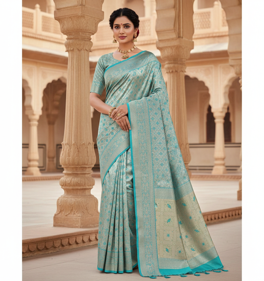 Elegant Weaves Luxe Banarasi Silk Saree with Aqua Blue Embroidery